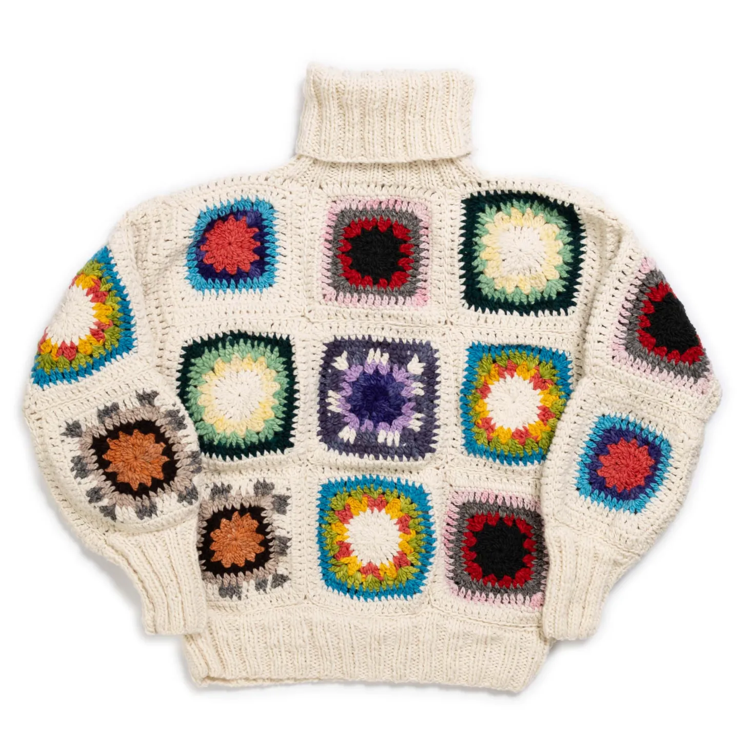 Chamula Granny Square Turtleneck Pullover Ivory