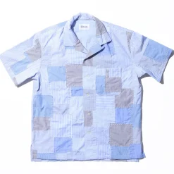 Kuon S/S Sashiko Patchwork Camp Collar Shirt Sax