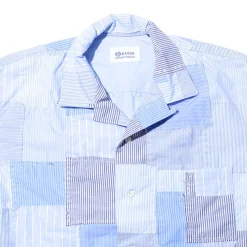 Kuon S/S Sashiko Patchwork Camp Collar Shirt Sax